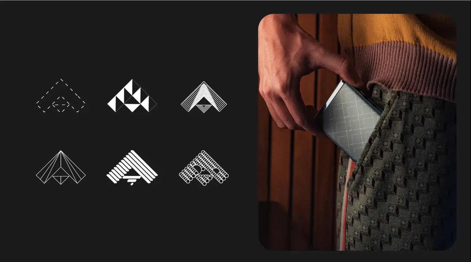 Geometric designs on the left; a person places a patterned device into a pocket on the right.