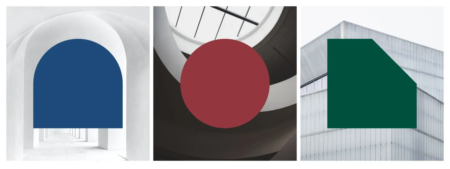 Abstract composition with geometric shapes: blue arch, red circle, and green polygon over architectural backgrounds in grayscale.