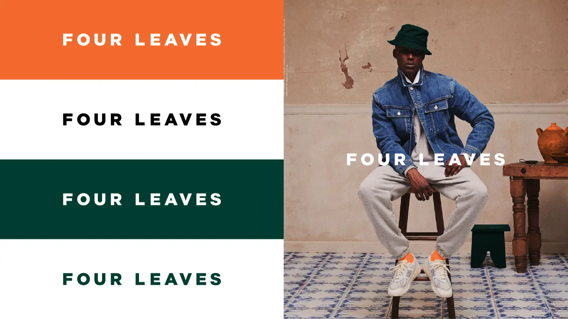 Man in denim jacket and green hat sits on a stool in a rustic room. "FOUR LEAVES" text appears in multiple colors on the left.