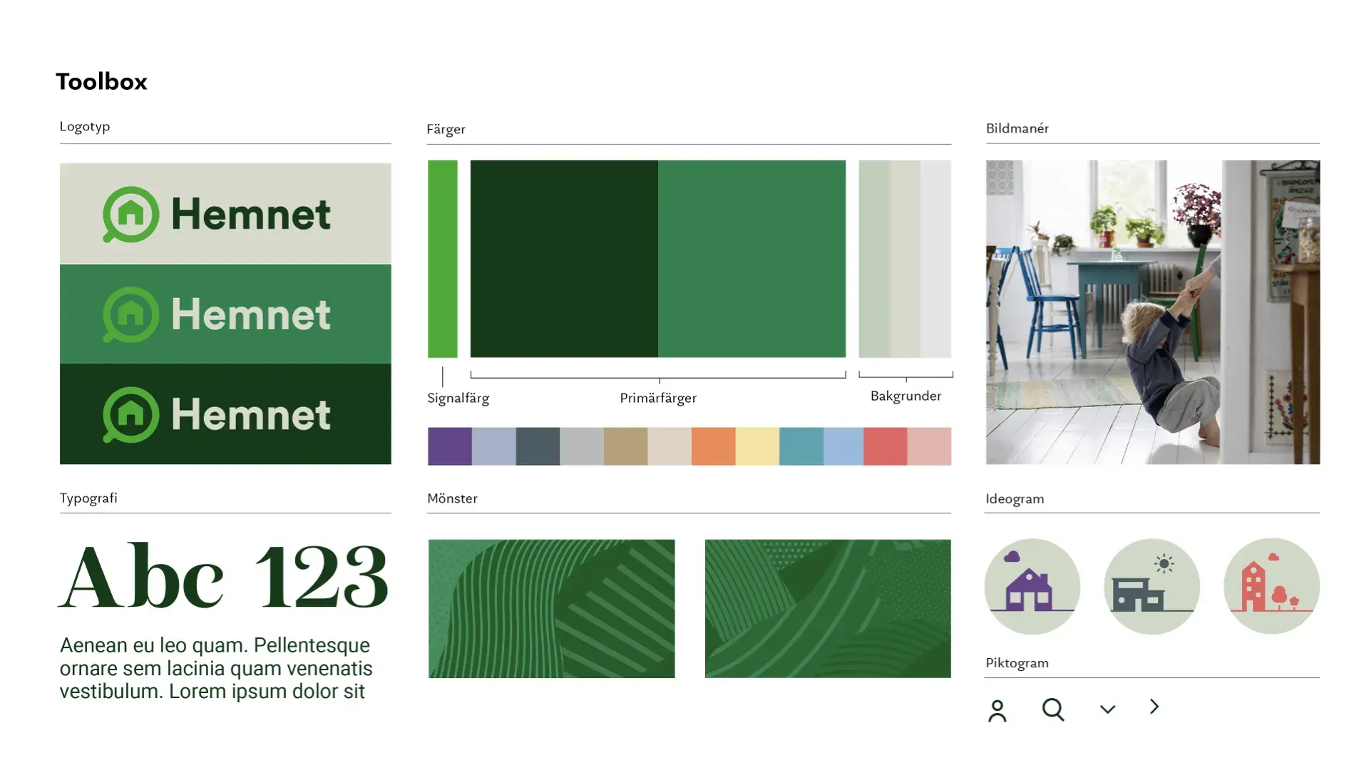 Design toolbox featuring logos, color palettes, typography, patterns, ideograms, and icons. Includes a photo of a child reaching for a shelf.