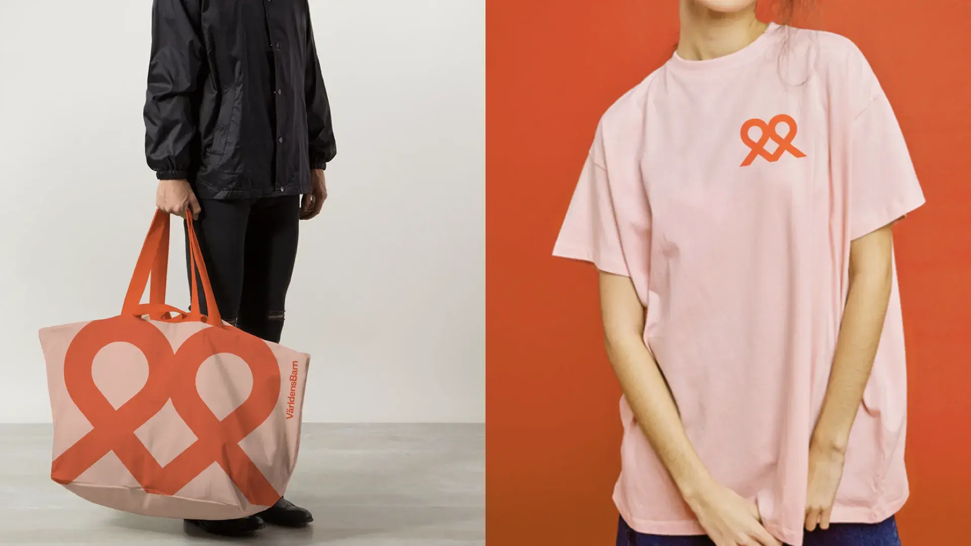 Two-part image: Left shows a person holding a large pink bag with an orange ribbon; right shows a person wearing a pink t-shirt with the same ribbon.