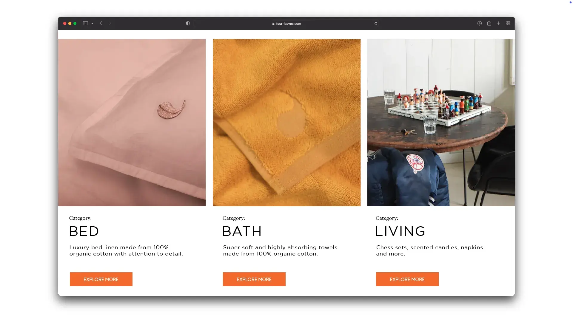 A webpage showcasing categories: Bed with pink sheets, Bath with yellow towels, and Living with chess sets and candles.