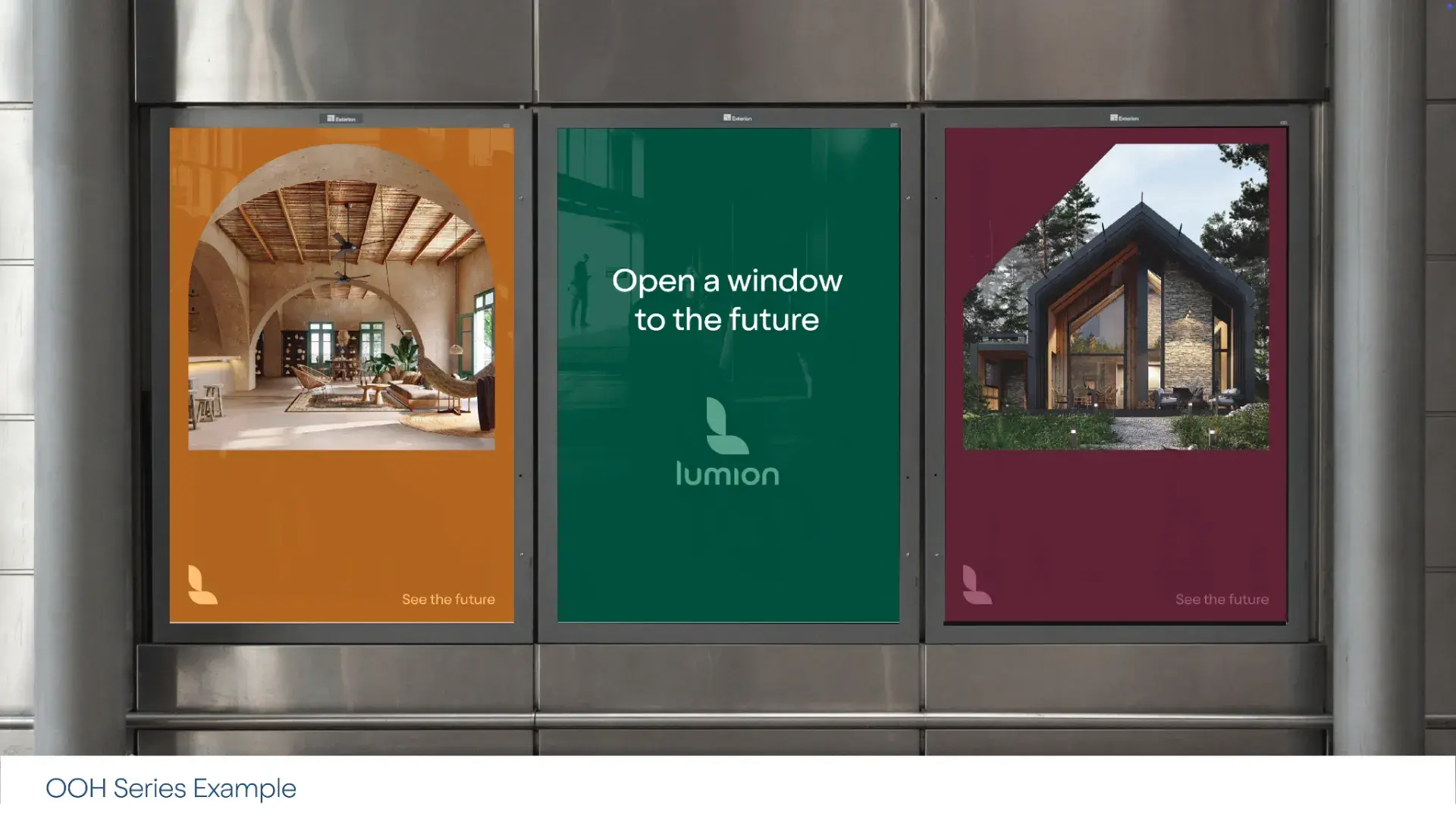 Three posters on a wall: left shows a cozy interior, center has text "Open a window to the future," right shows a modern house exterior.