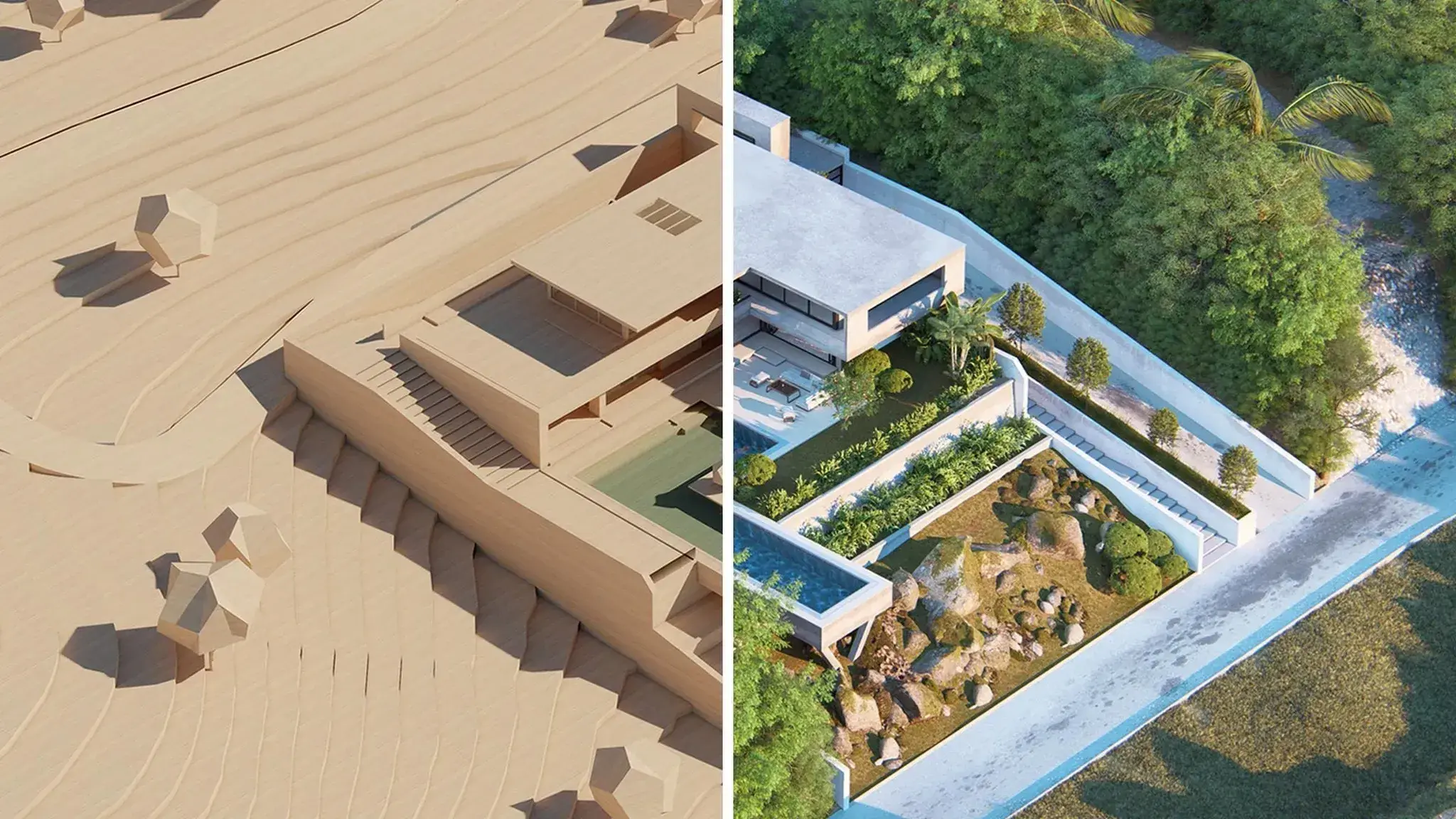 Side-by-side comparison of a wooden architectural model and a realistic 3D rendering of a modern house with surrounding greenery.