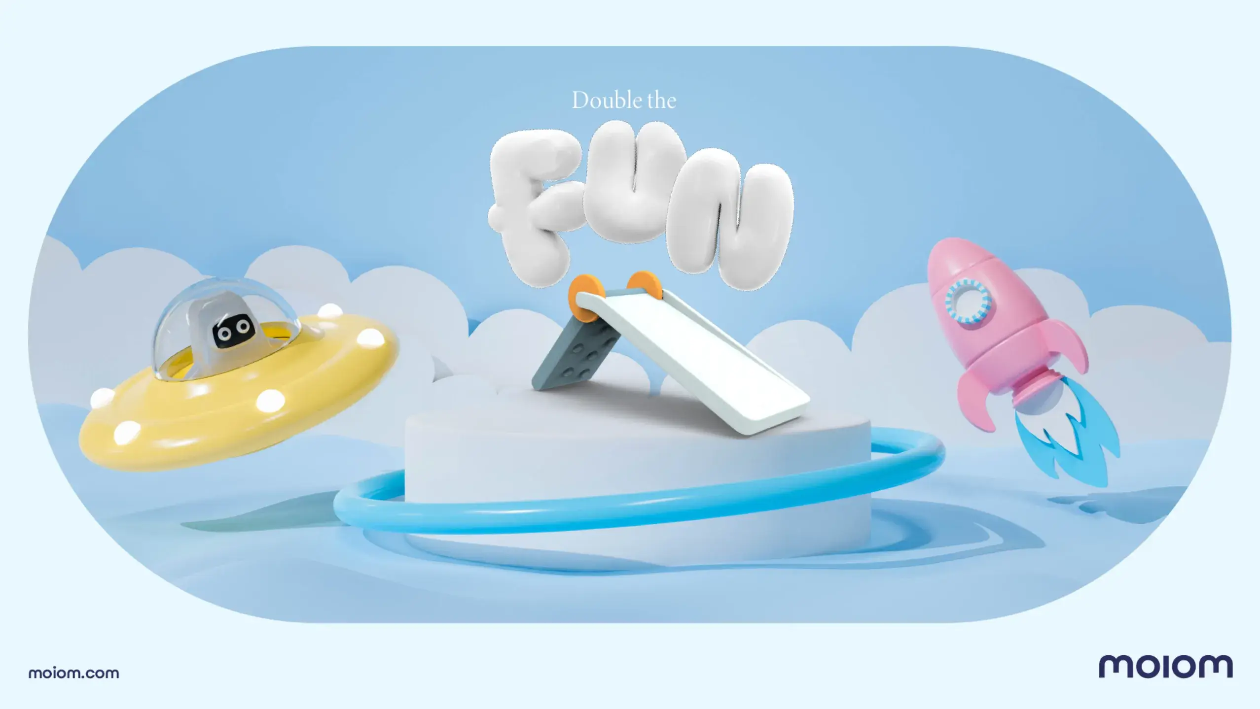 Playful scene with a UFO, slide, and rocket amidst floating elements. Text reads "Double the Fun." Blue background with wavy patterns.