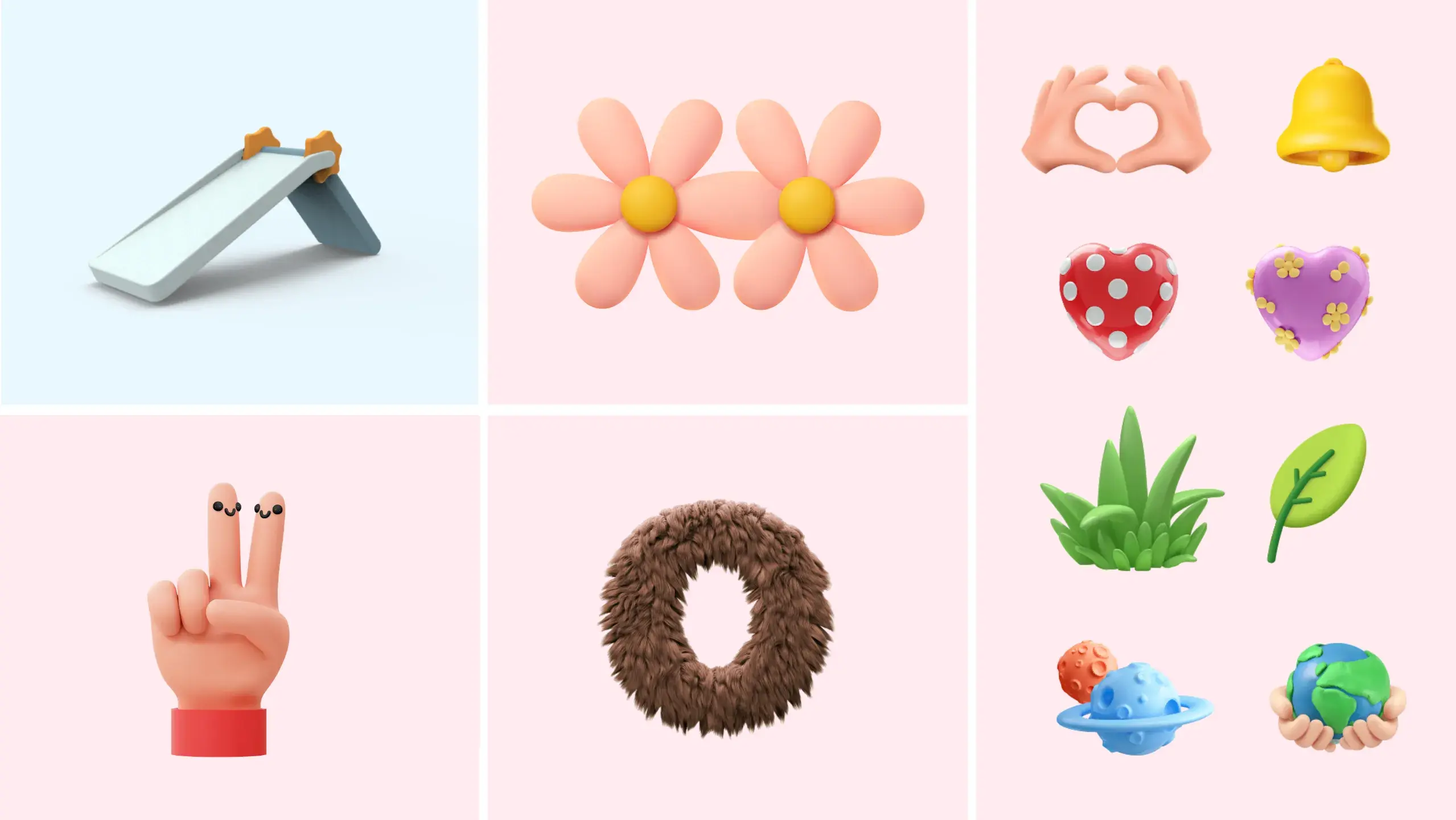 Colorful 3D icons: slide, flowers, hand gestures, bell, hearts, grass, leaf, peace sign, wreath, earth, and planets on a pink background.