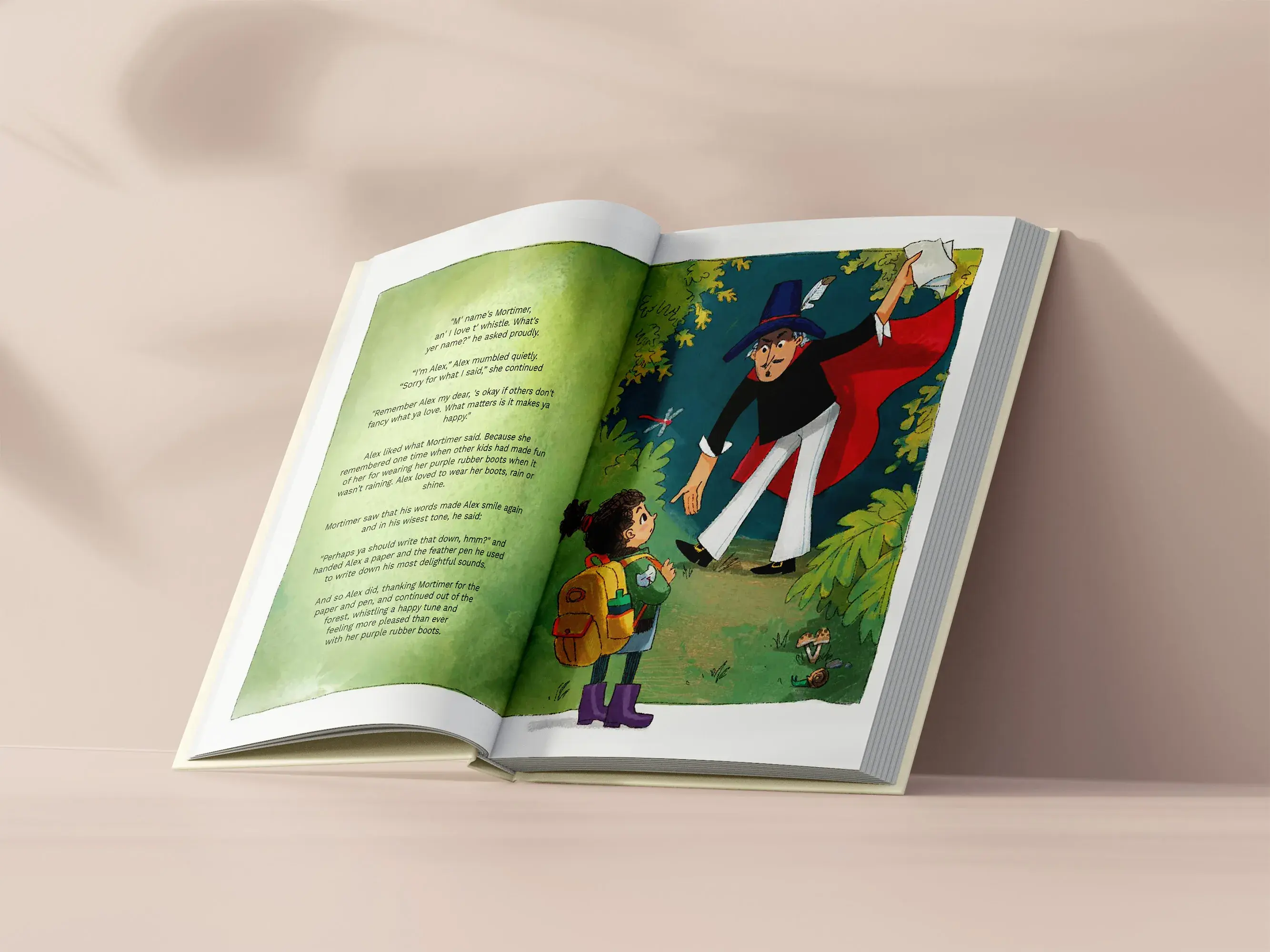 Open children's book showing an illustrated story with a girl and a wizard in a forest setting. Text is visible on the left page.