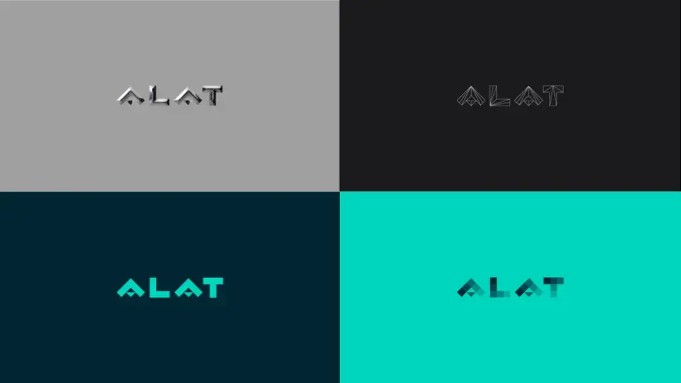 Four variations of the word "ALAT" in different colors and styles, displayed on gray, black, dark teal, and bright teal backgrounds.